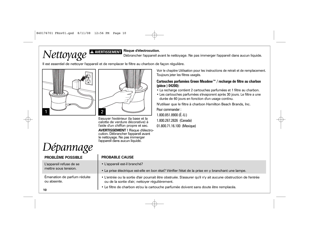 Hamilton Beach Fresh Essentials manual Nettoyage, Dépannage, Avertissement Risque délectrocution 