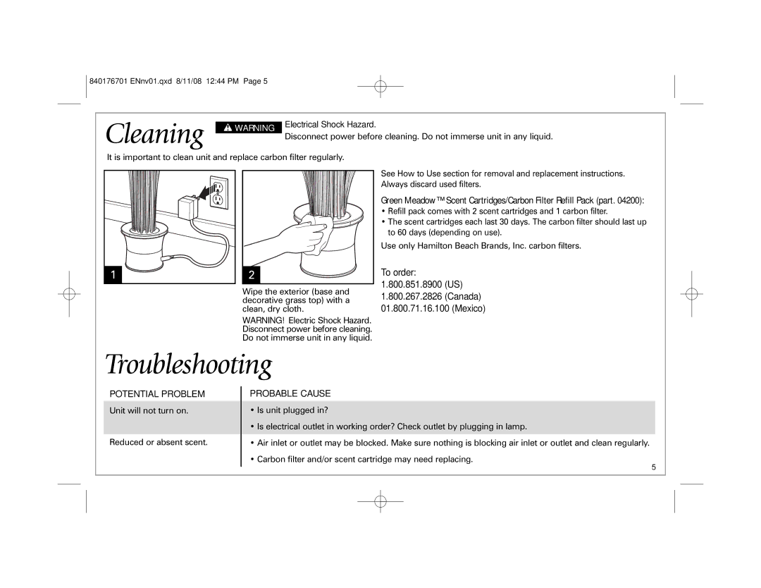 Hamilton Beach Fresh Essentials manual Cleaning, Troubleshooting, Electrical Shock Hazard 