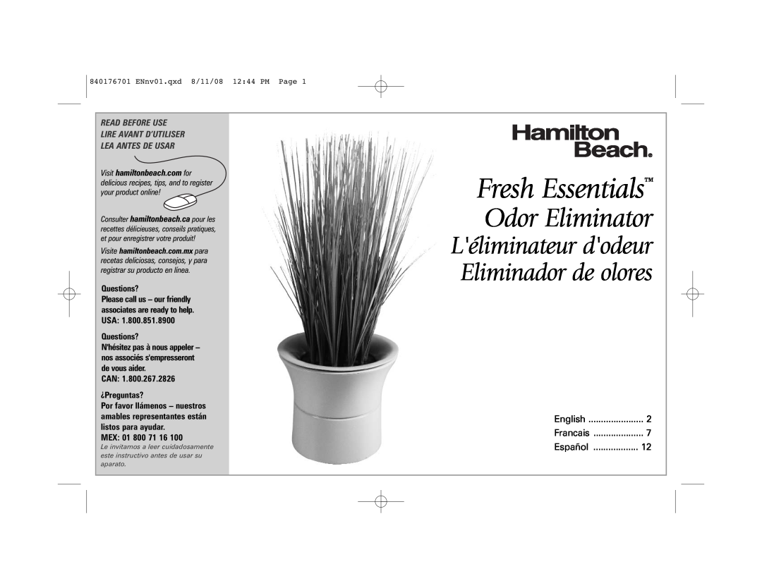 Hamilton Beach Fresh Essentials manual Odor Eliminator, Léliminateur dodeur Eliminador de olores, Lea Antes De Usar 