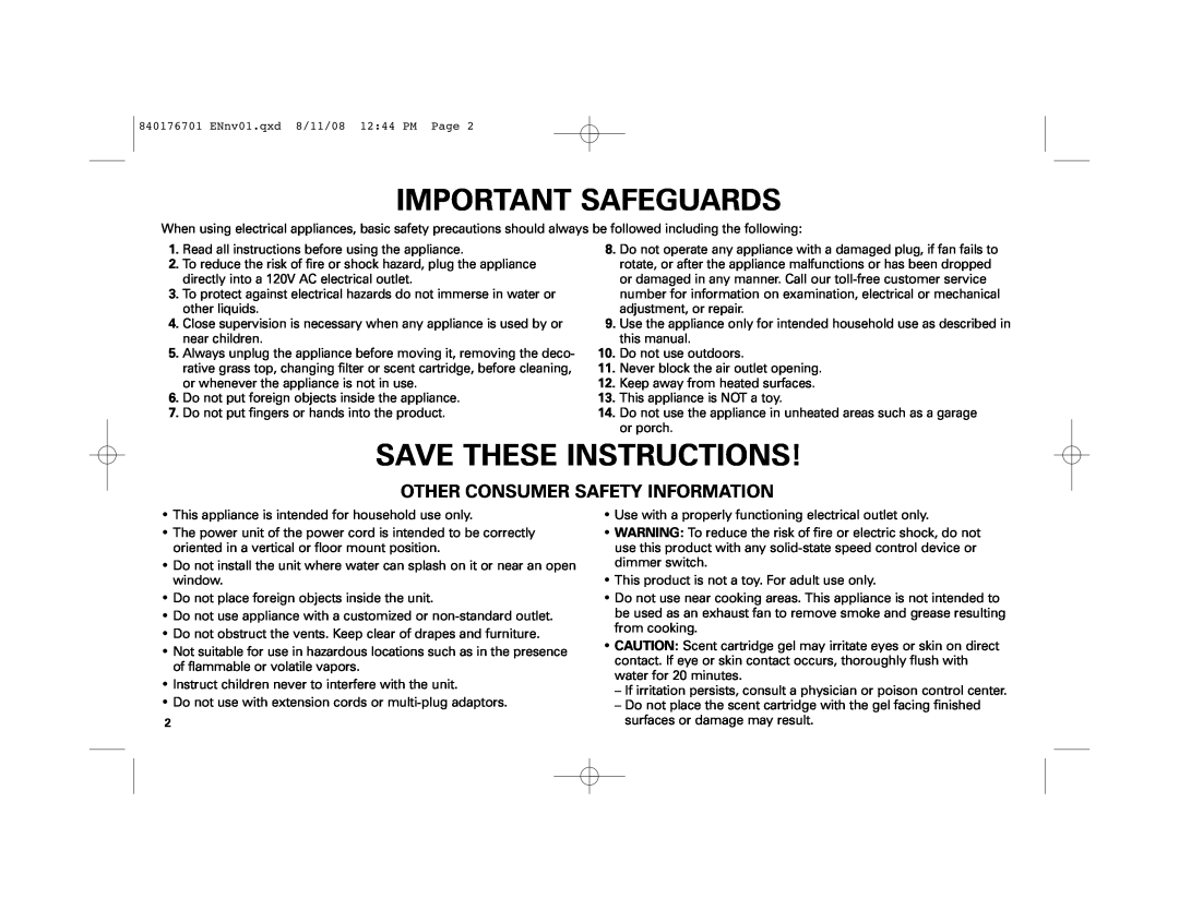 Hamilton Beach Fresh Essentials manual Important Safeguards, Save These Instructions, Other Consumer Safety Information 