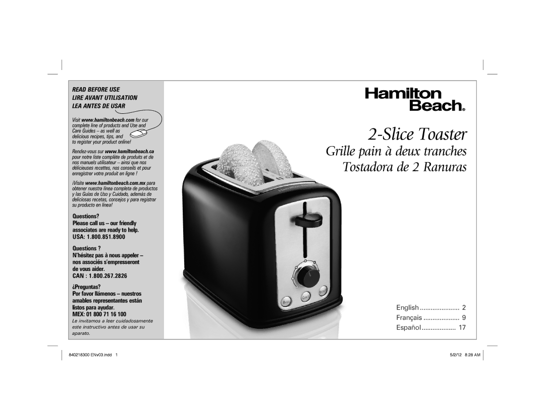 Hamilton Beach hamilton beach 2-slice toaster manual Questions?, Questions ?, Can ¿Preguntas?, MEX 01 800 71 16 