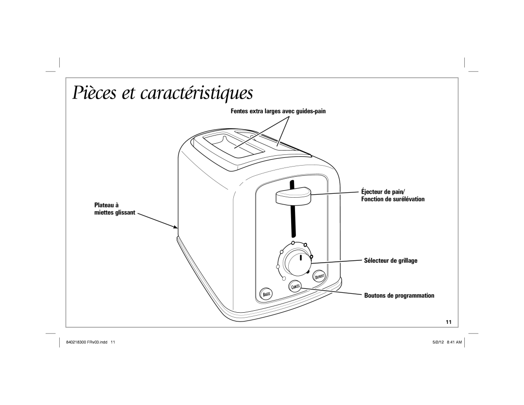 Hamilton Beach hamilton beach 2-slice toaster Pièces et caractéristiques, Sélecteur de grillage Boutons de programmation 