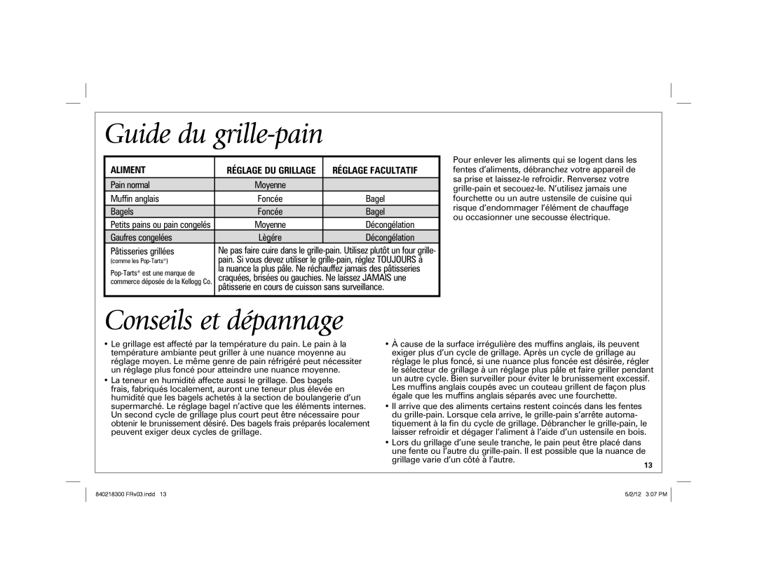 Hamilton Beach hamilton beach 2-slice toaster Guide du grille-pain, Conseils et dépannage, Aliment, Réglage Facultatif 