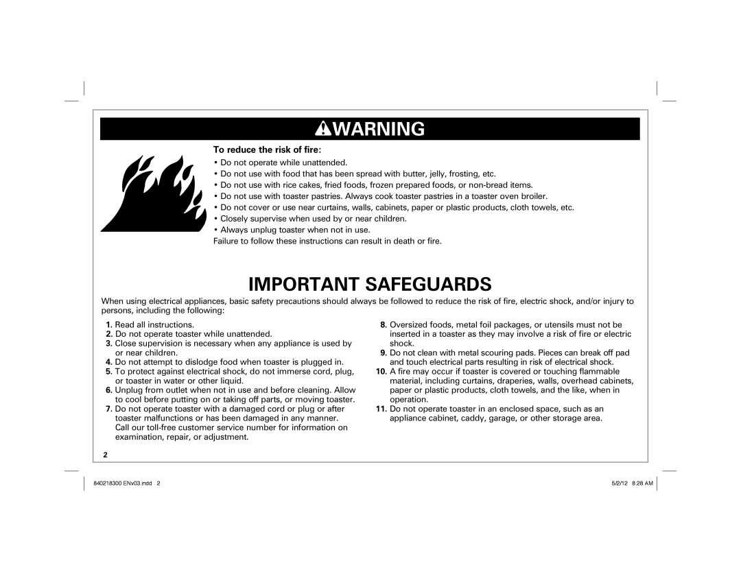 Hamilton Beach hamilton beach 2-slice toaster manual Important Safeguards, To reduce the risk of fire 