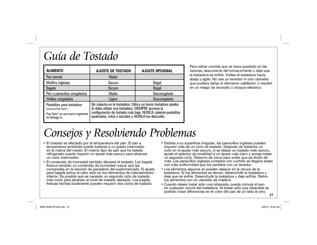 Hamilton Beach hamilton beach 2-slice toaster Guía de Tostado, Consejos y Resolviendo Problemas, Alimento, Ajuste Opcional 