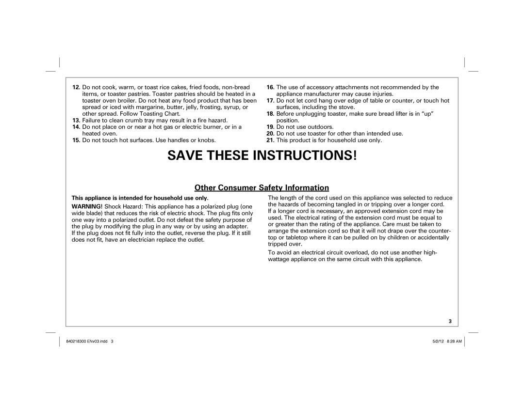 Hamilton Beach hamilton beach 2-slice toaster manual Other Consumer Safety Information 