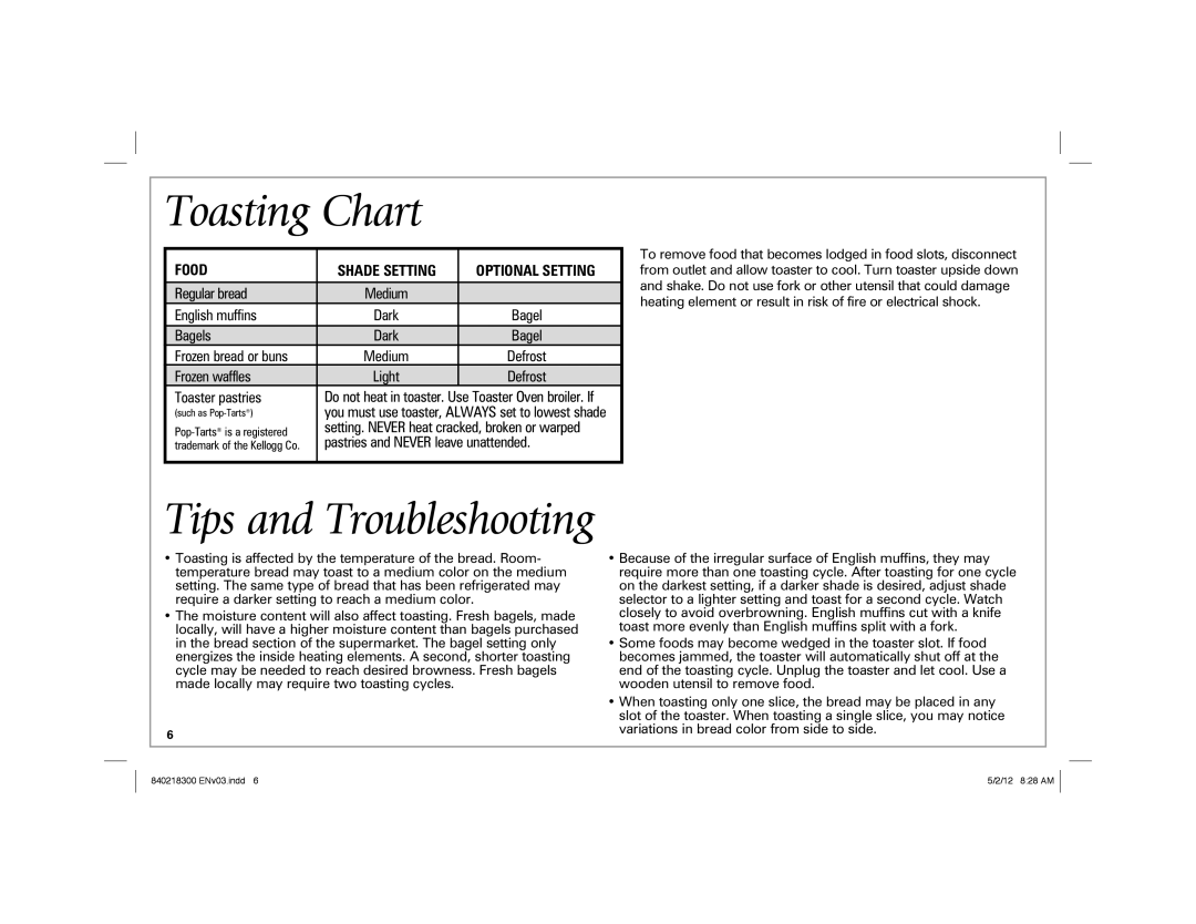 Hamilton Beach hamilton beach 2-slice toaster manual Toasting Chart, Food Shade Setting Optional Setting 