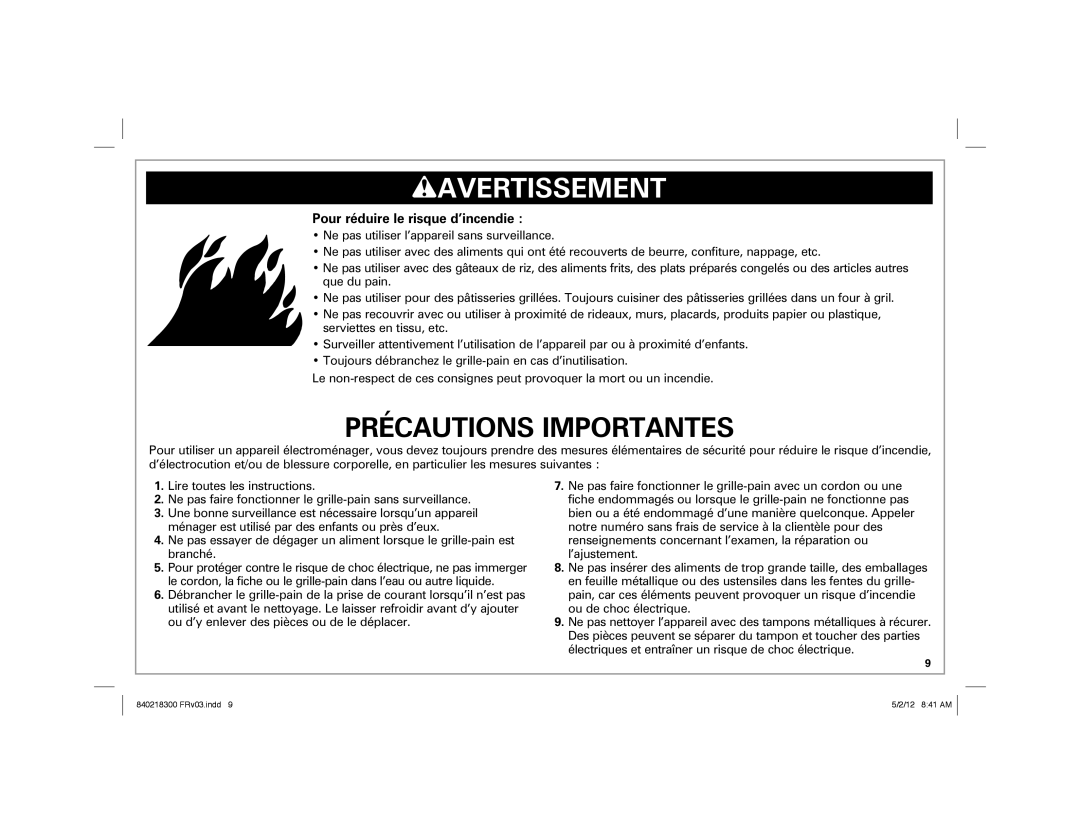 Hamilton Beach hamilton beach 2-slice toaster manual Précautions Importantes, Pour réduire le risque d’incendie 