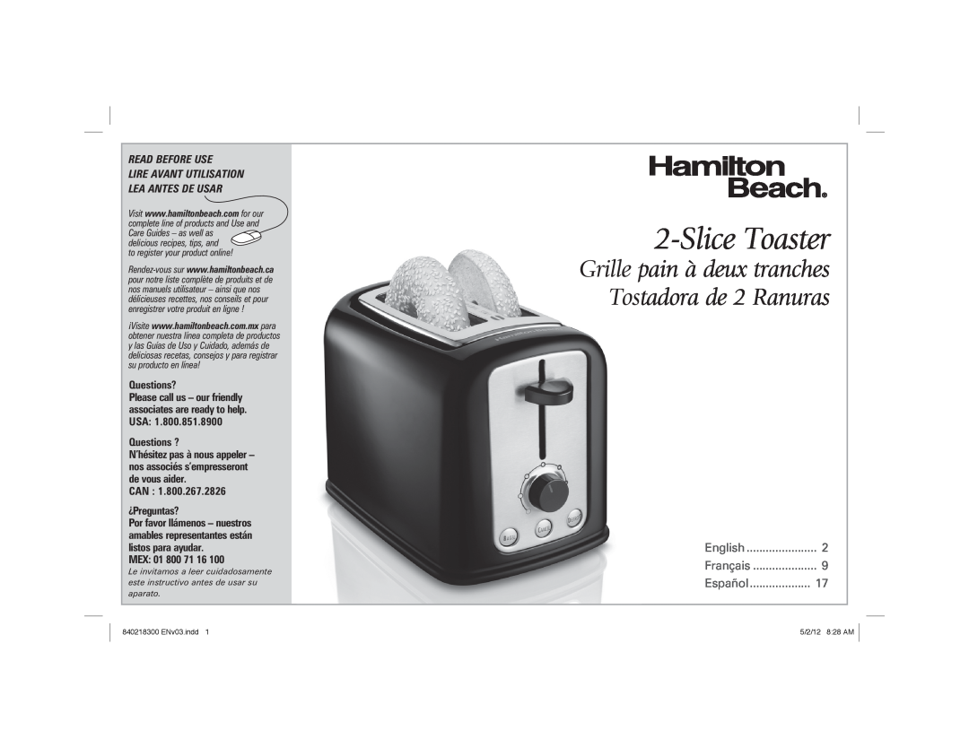 Hamilton Beach hamilton beach 2-slice toaster manual SliceToaster, Read Before Use, English, Français, Español 