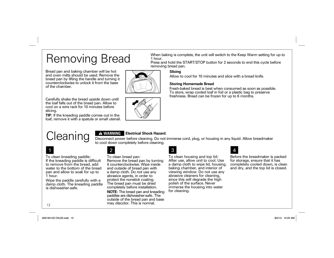 Hamilton Beach 840194102, 29881 manual Removing Bread, Cleaning, Slicing, Storing Homemade Bread, Electrical Shock Hazard 