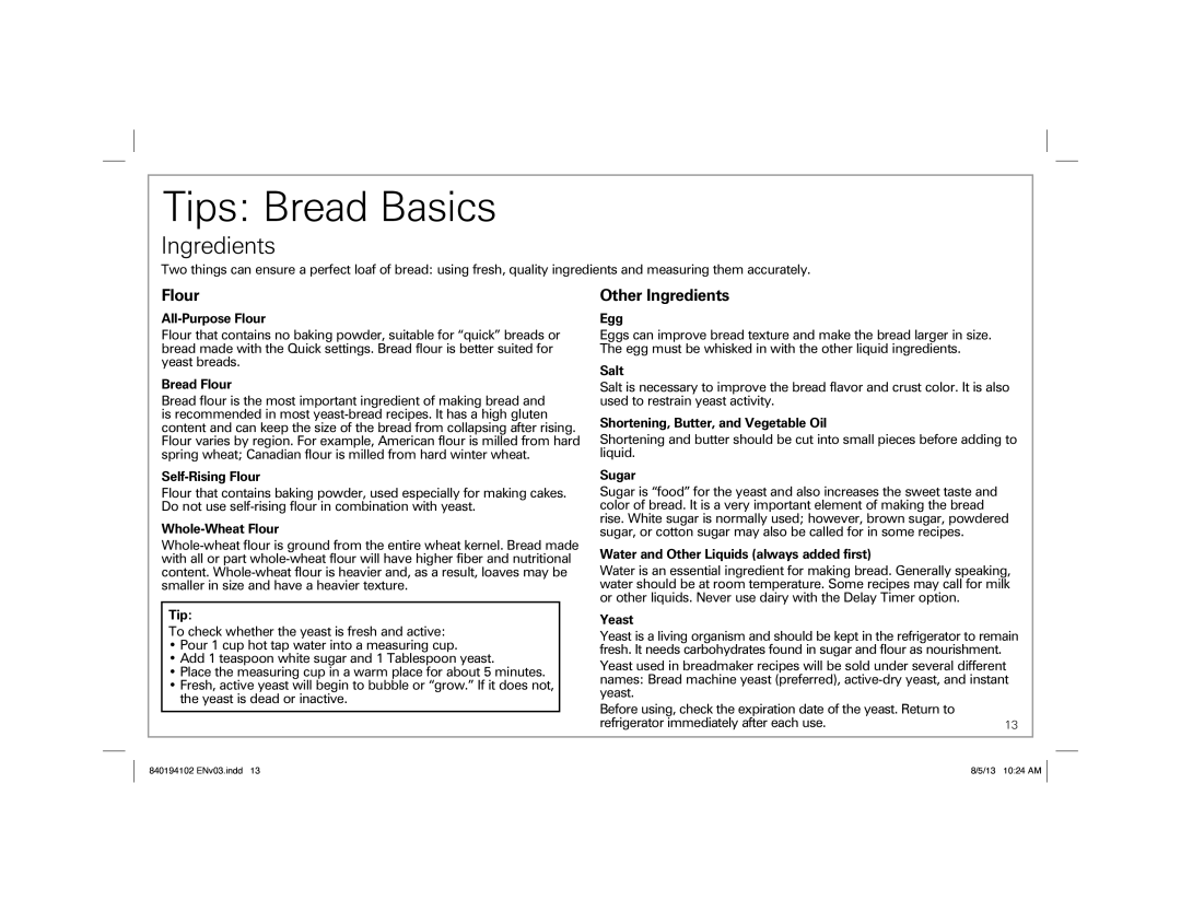 Hamilton Beach 29881, 840194102, Hamilton Beach HomeBaker Breadmaker manual Tips Bread Basics, Flour, Other Ingredients 