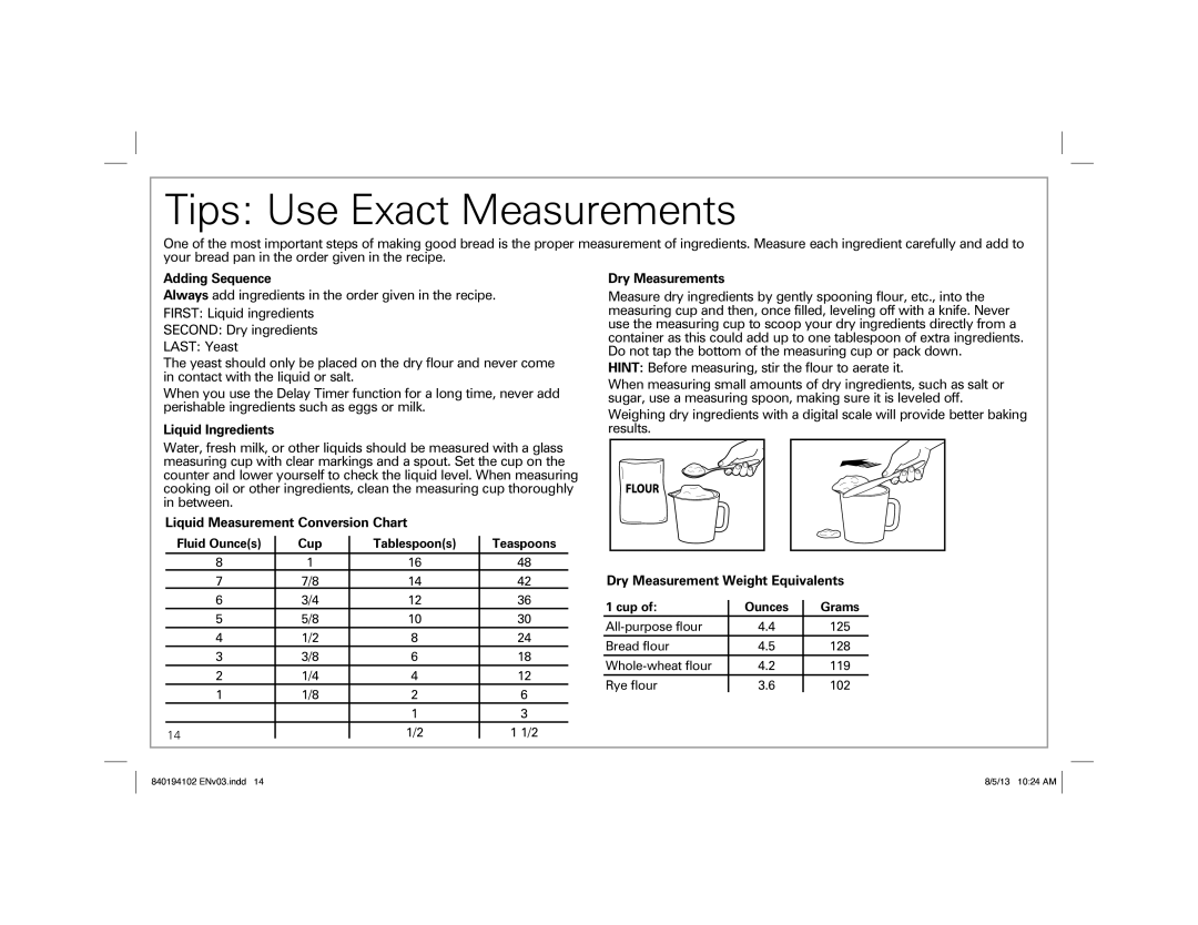 Hamilton Beach Hamilton Beach HomeBaker Breadmaker, 840194102, 29881 manual Tips Use Exact Measurements 