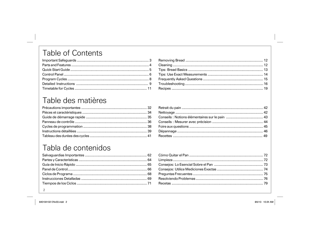 Hamilton Beach Hamilton Beach HomeBaker Breadmaker, 840194102, 29881 manual Table of Contents 