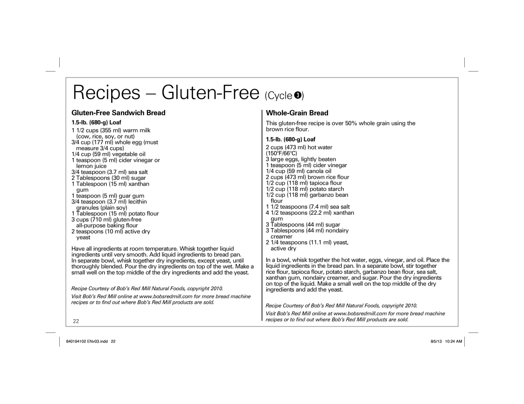 Hamilton Beach 29881, 840194102 manual Recipes Gluten-Free Cycle, Gluten-Free Sandwich Bread, Whole-Grain Bread 