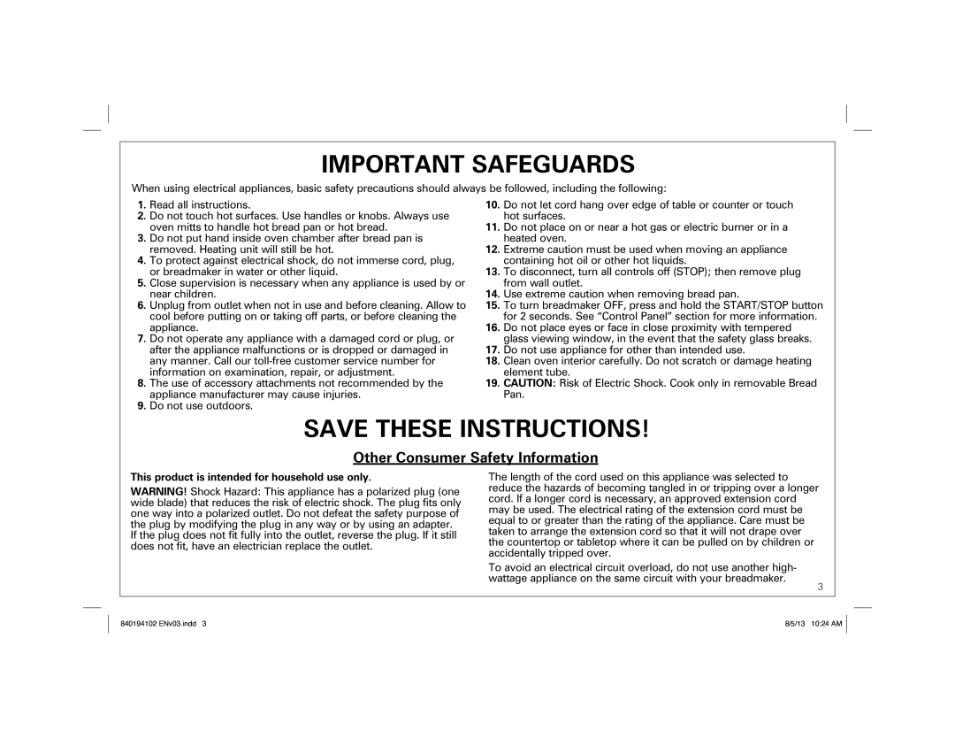 Hamilton Beach 840194102, 29881 manual Important Safeguards, This product is intended for household use only 