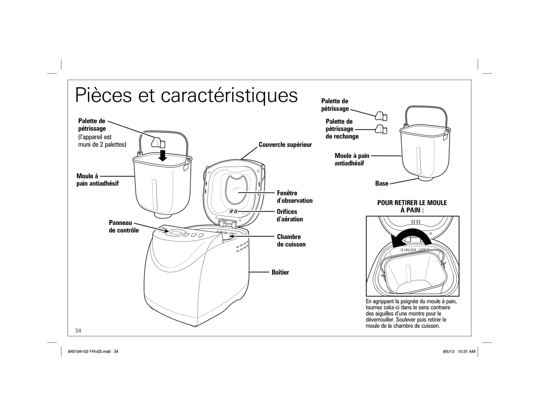 Hamilton Beach 29881, 840194102 manual Pièces et caractéristiques, Moule à Pain antiadhésif, Couvercle supérieur, Boîtier 