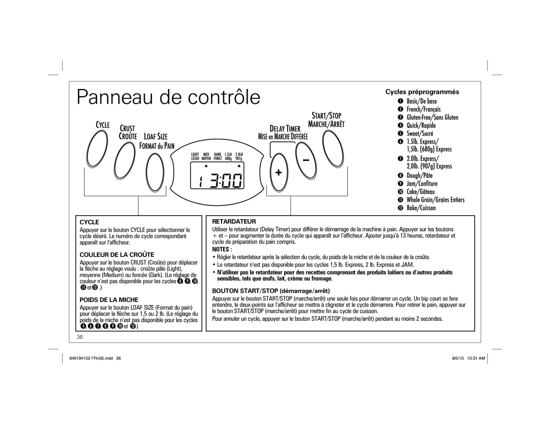 Hamilton Beach 840194102 Panneau de contrôle, Cycles préprogrammés, Couleur DE LA Croûte, Poids DE LA Miche, Retardateur 