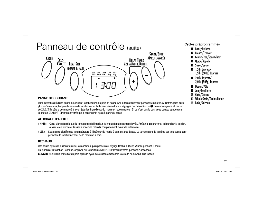 Hamilton Beach 29881, 840194102 manual Panneau de contrôle suite, Panne DE Courant, Affichage D’ALERTE, Réchaud 