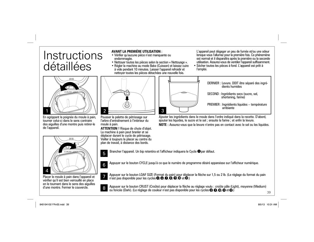 Hamilton Beach 840194102, 29881, Hamilton Beach HomeBaker Breadmaker manual Détaillées, Avant LA Première Utilisation 