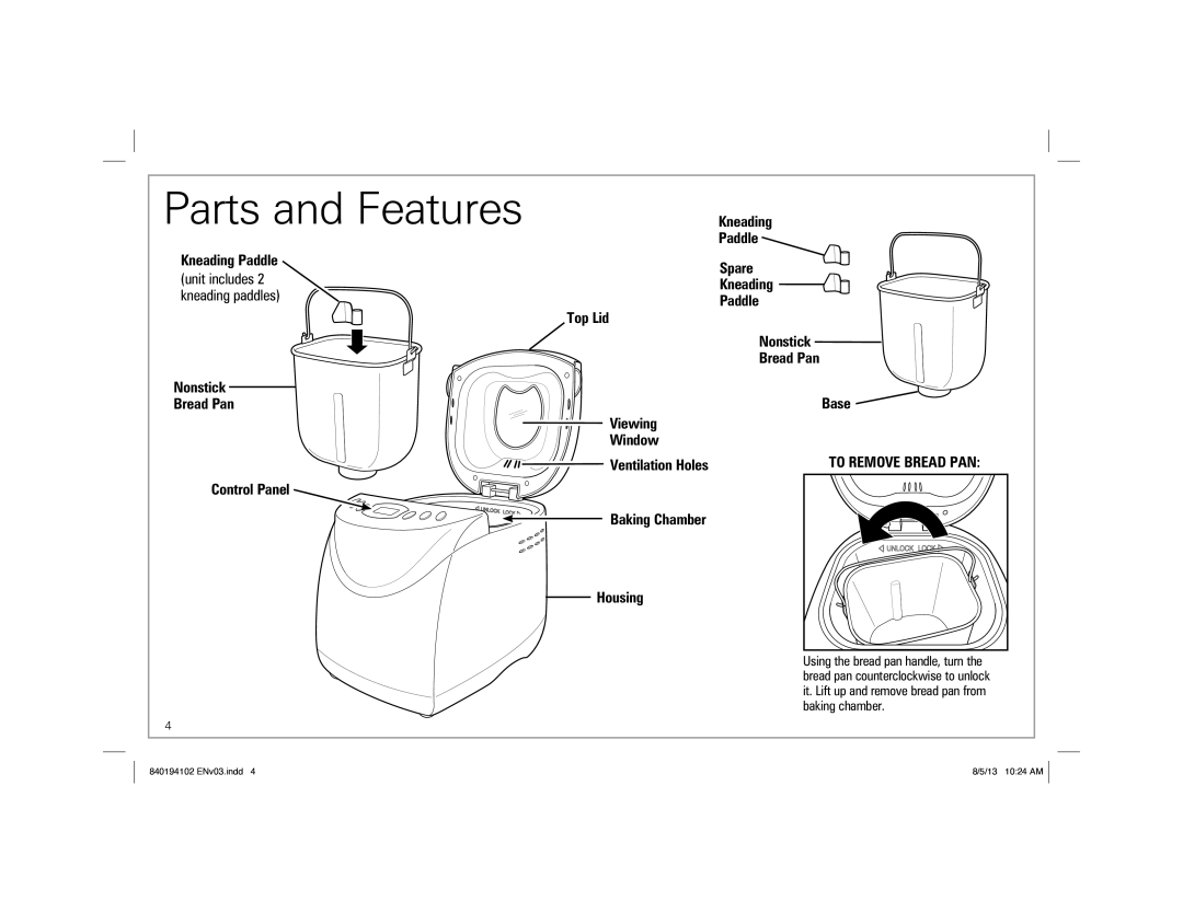 Hamilton Beach 29881, 840194102, Hamilton Beach HomeBaker Breadmaker manual Kneading, Paddle, Control Panel, Housing 