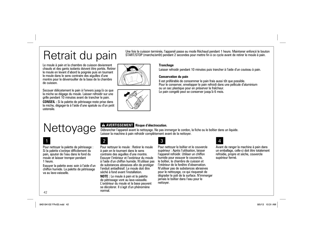 Hamilton Beach 840194102, 29881 manual Nettoyage, Tranchage, Conservation du pain, Avertissement Risque d’électrocution 