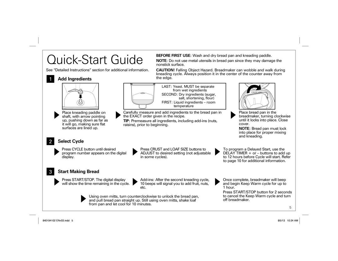 Hamilton Beach Hamilton Beach HomeBaker Breadmaker Quick-Start Guide, Add Ingredients, Select Cycle, Start Making Bread 