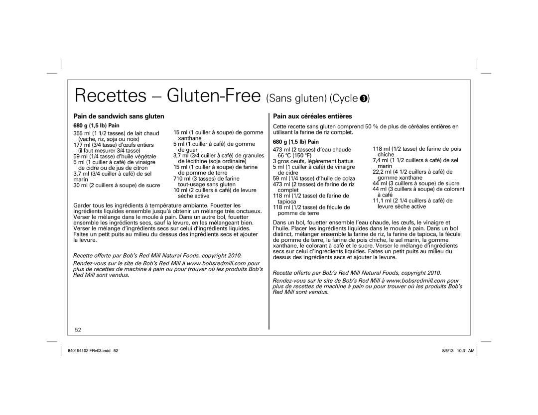 Hamilton Beach 29881 Recettes Gluten-Free Sans gluten Cycle, Pain de sandwich sans gluten, Pain aux céréales entières 