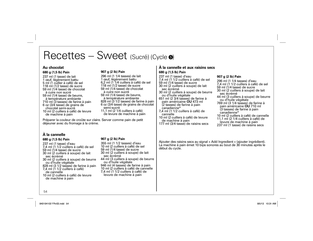 Hamilton Beach 840194102, 29881 manual Recettes Sweet Sucré Cycle, Au chocolat, La cannelle et aux raisins secs 