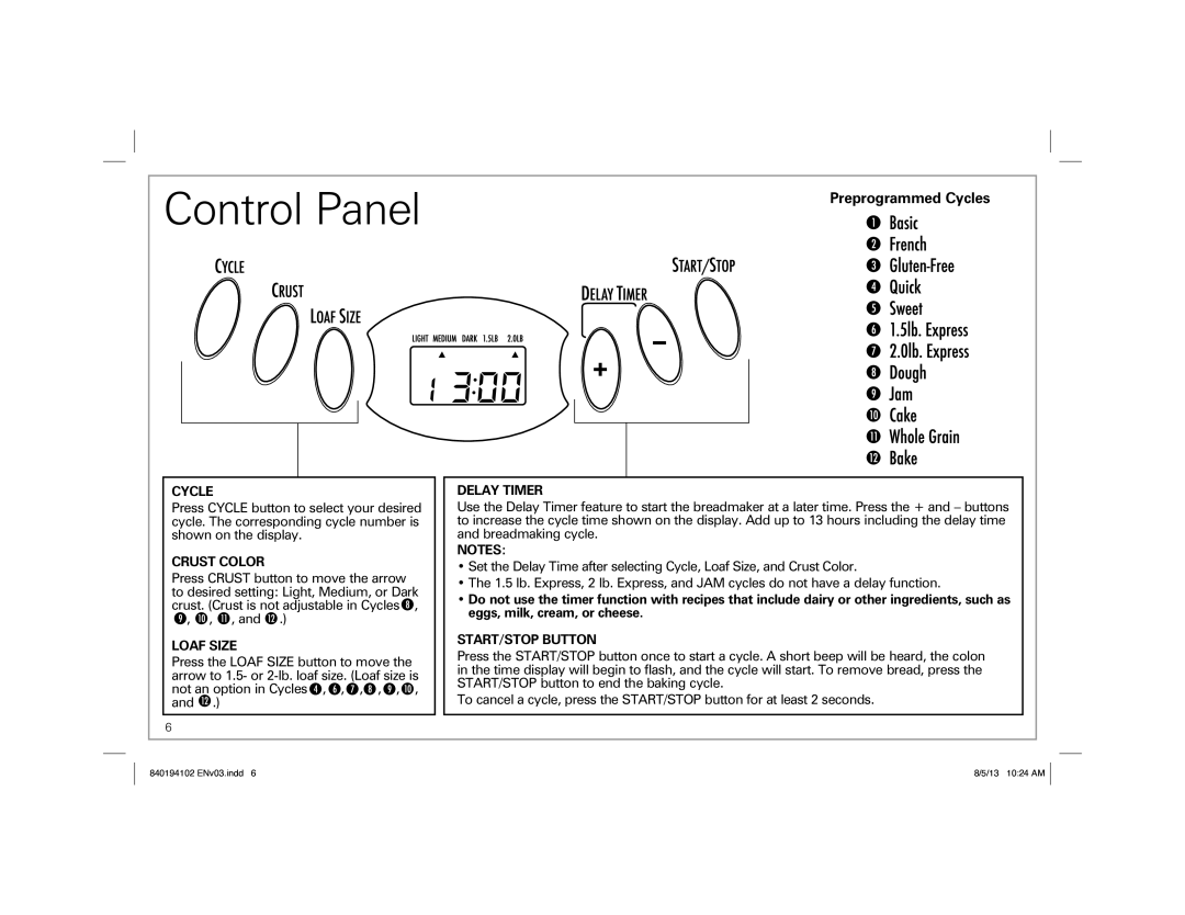 Hamilton Beach 840194102, 29881, Hamilton Beach HomeBaker Breadmaker manual Control Panel, Preprogrammed Cycles 