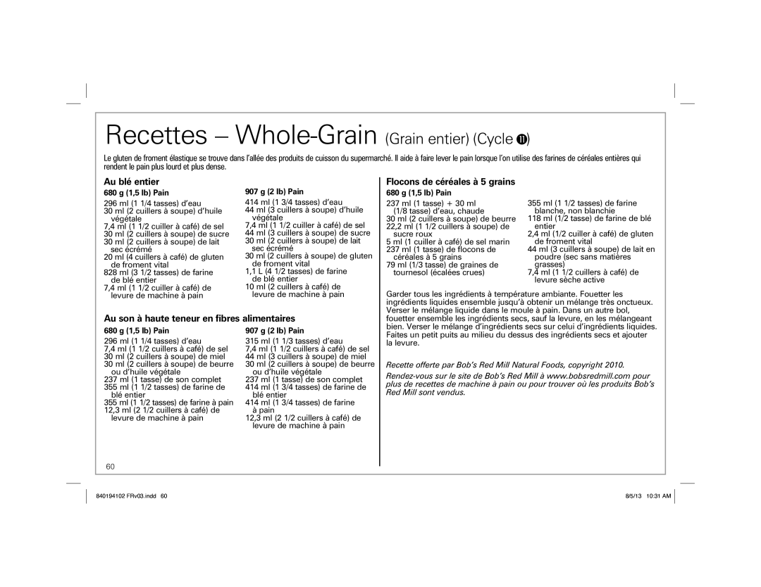 Hamilton Beach 840194102, 29881 Recettes Whole-Grain Grain entier Cycle, Au blé entier, Flocons de céréales à 5 grains 