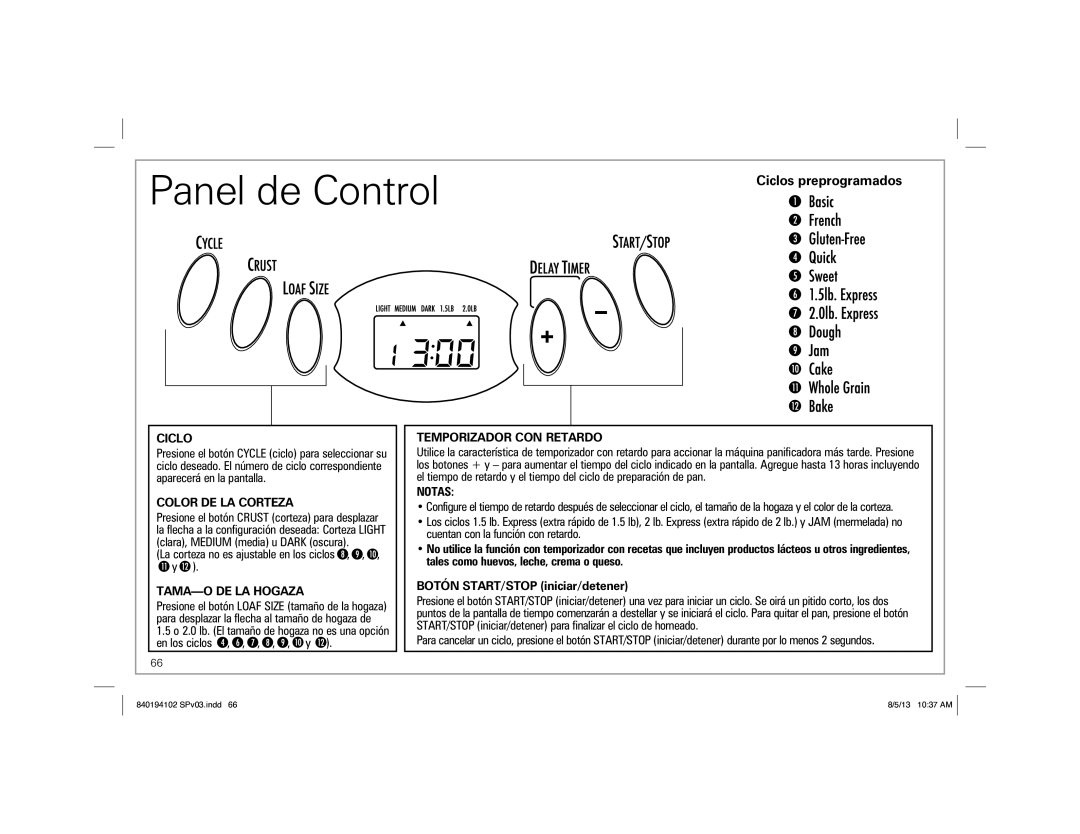 Hamilton Beach 840194102, 29881, Hamilton Beach HomeBaker Breadmaker manual Panel de Control, Ciclos preprogramados 