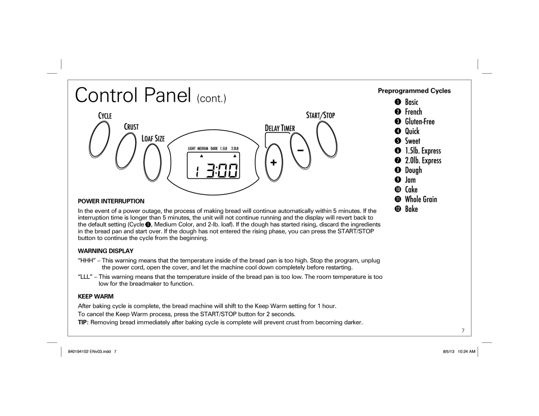 Hamilton Beach 29881, 840194102, Hamilton Beach HomeBaker Breadmaker manual Power Interruption, Keep Warm 