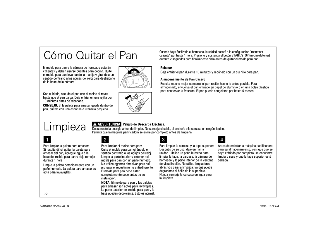 Hamilton Beach 840194102, 29881 manual Cómo Quitar el Pan, Limpieza, Rebanar, Almacenamiento de Pan Casero 