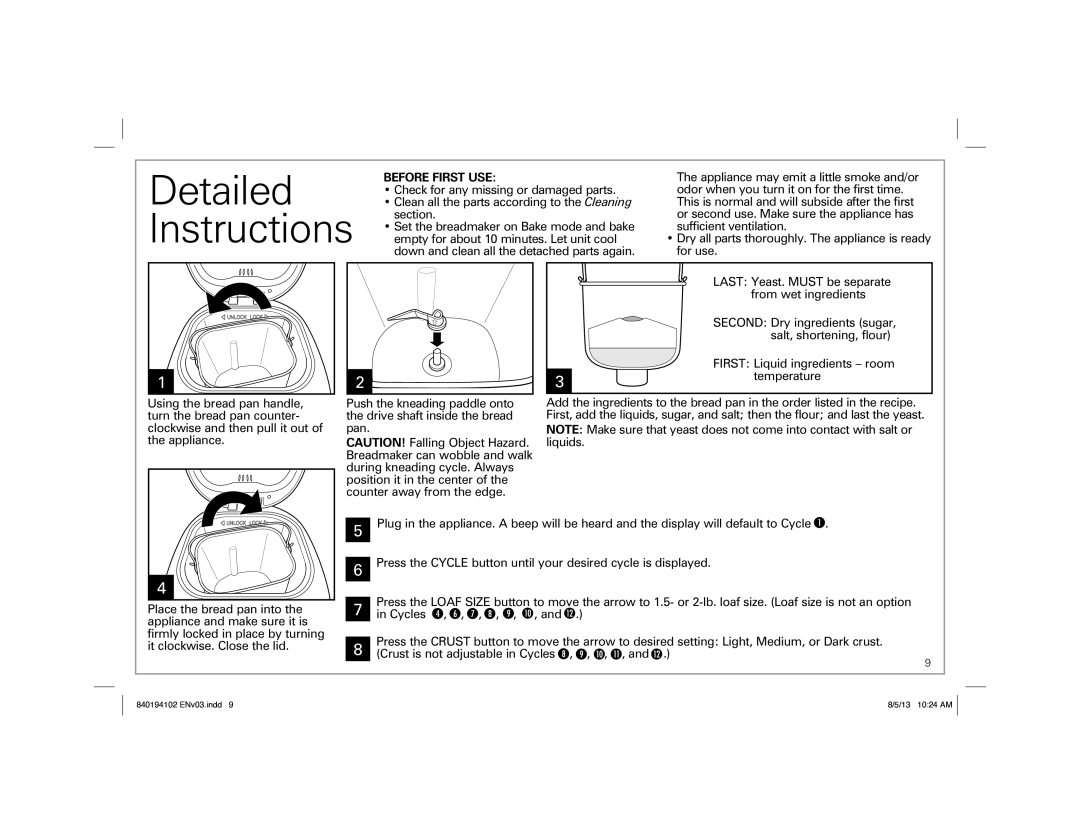 Hamilton Beach 840194102, 29881 manual Detailed, Instructions, Before First USE, Appliance may emit a little smoke and/or 