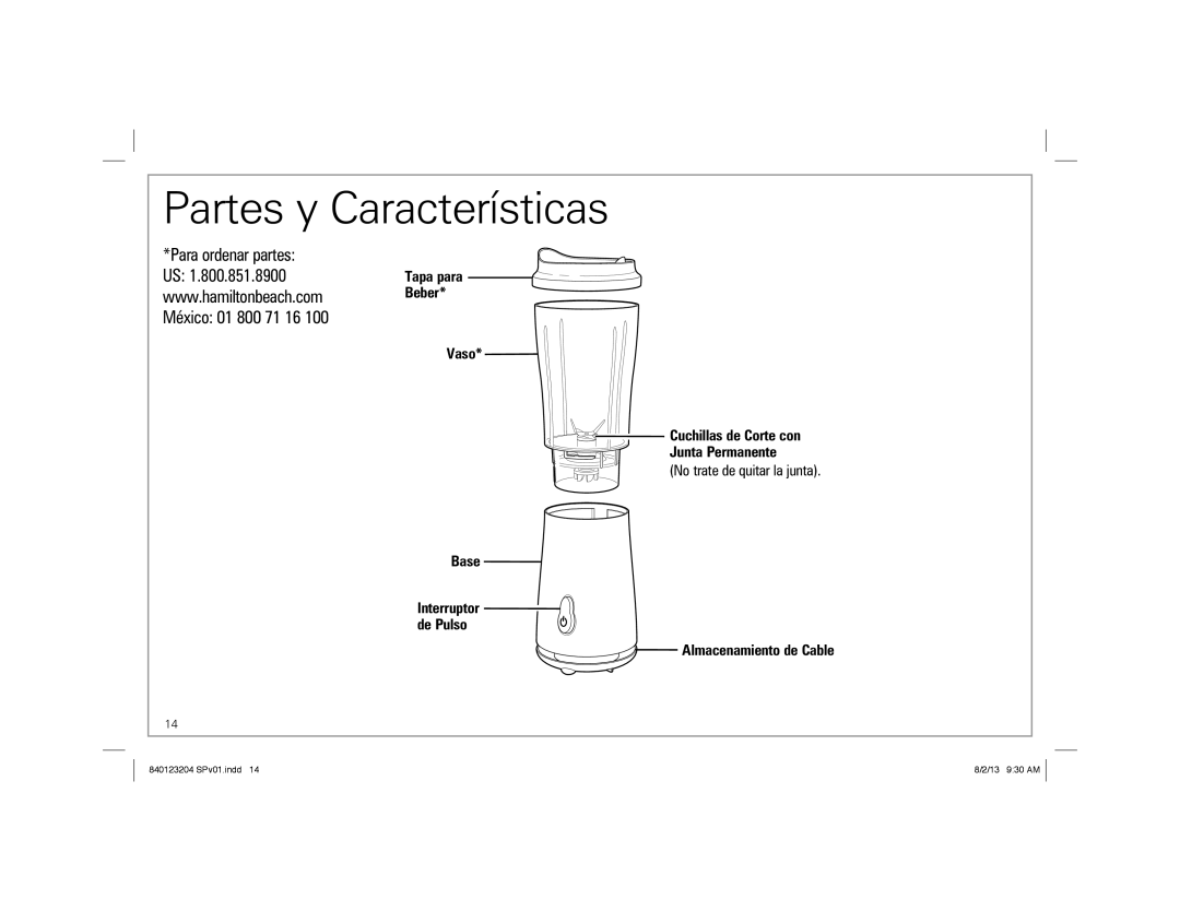 Hamilton Beach 840123204, Hamilton Beach Single-Serve Blender manual Partes y Características 