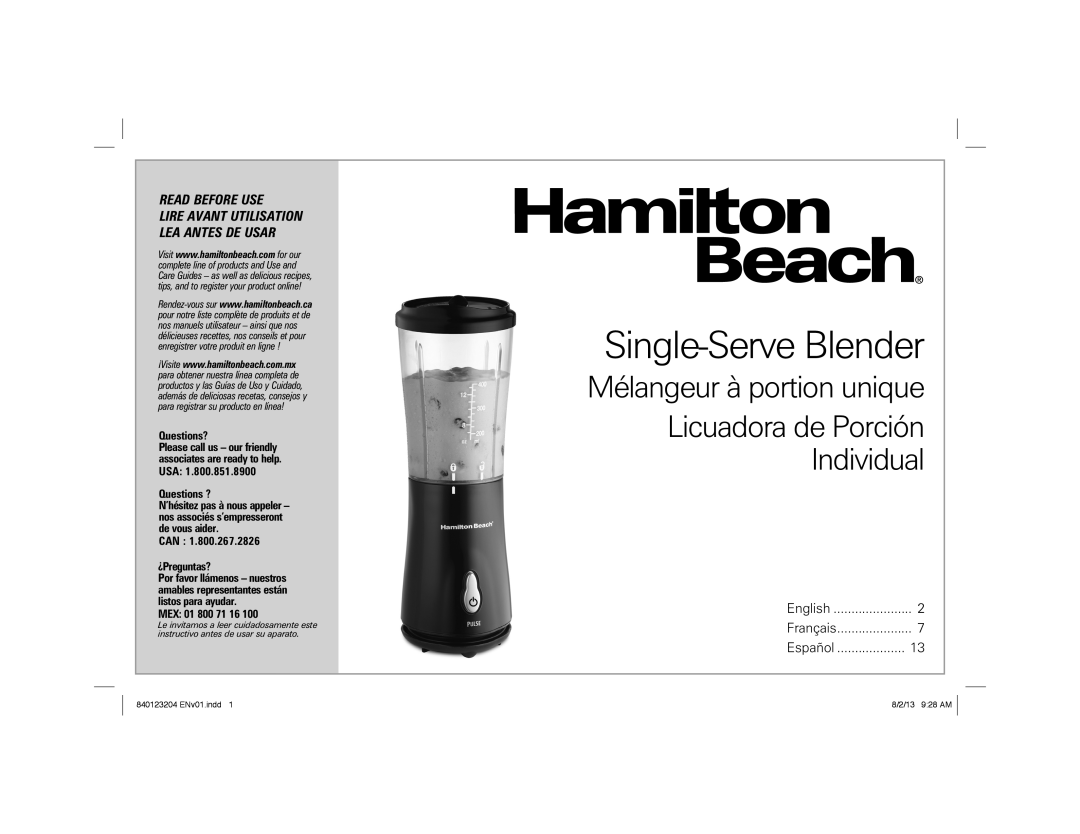 Hamilton Beach Hamilton Beach Single-Serve Blender manual Single-ServeBlender, Mélangeur à portion unique, Read Before Use 