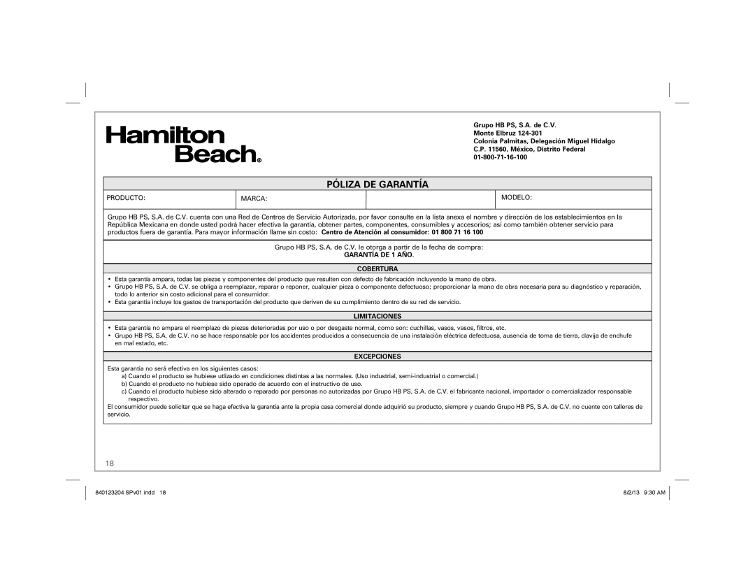 Hamilton Beach 840123204 manual Póliza De Garantía, Grupo HB PS, S.A. de C.V. Monte Elbruz, GARANTÍA DE 1 AÑO COBERTURA 