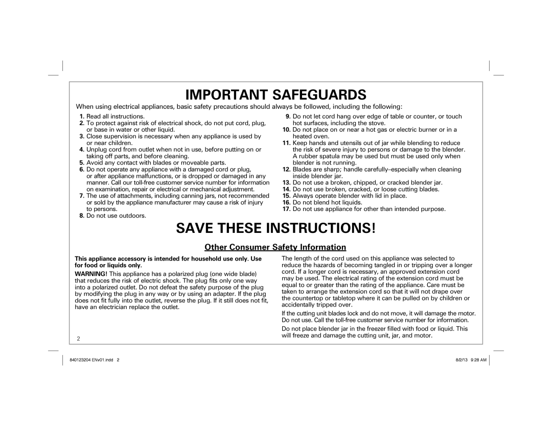 Hamilton Beach 840123204 manual Important Safeguards, Save These Instructions, Other Consumer Safety Information 