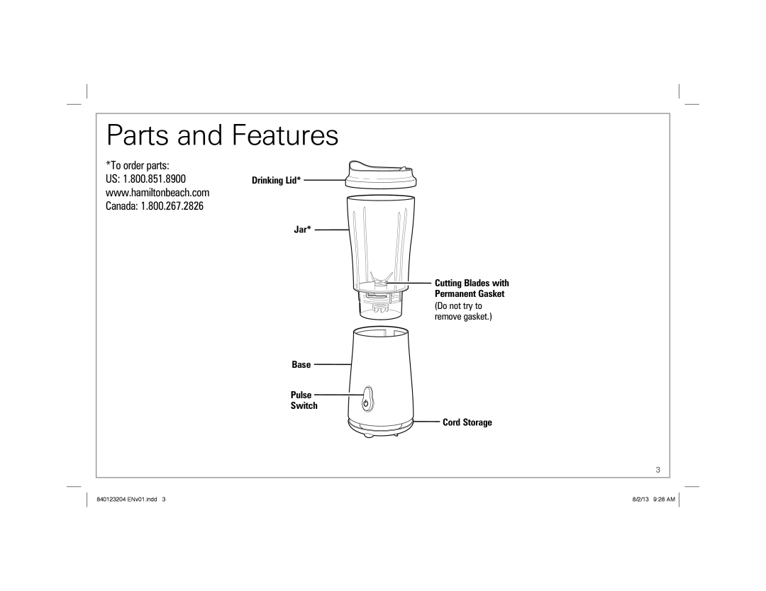 Hamilton Beach Hamilton Beach Single-Serve Blender, 840123204 Parts and Features, Drinking Lid Jar Cutting Blades with 