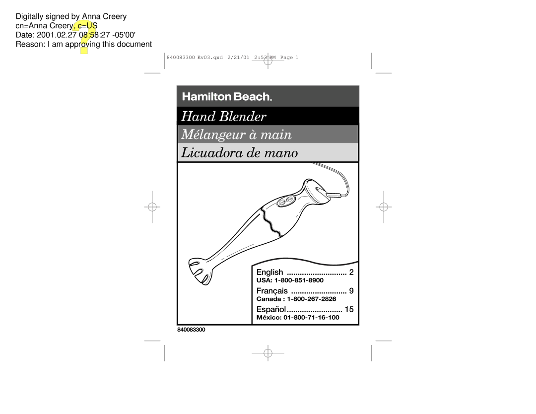 Hamilton Beach Hand Blenders manual Usa, Canada, México 