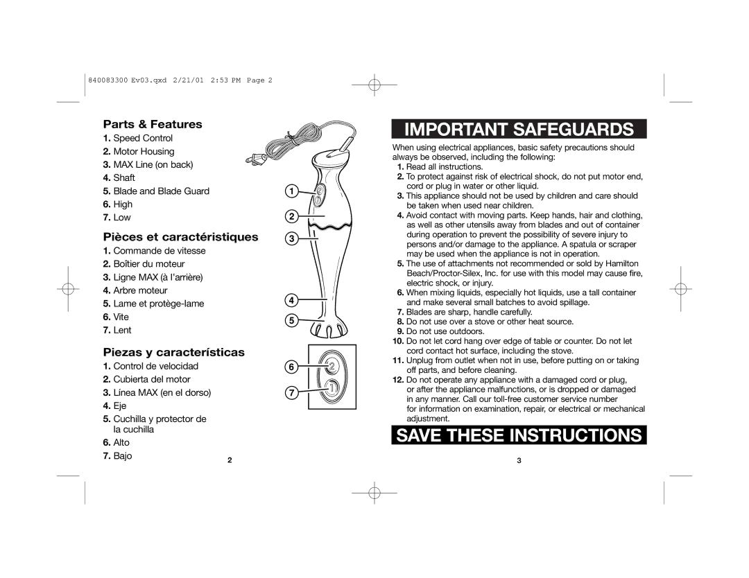 Hamilton Beach Hand Blenders manual Low, Bajo 