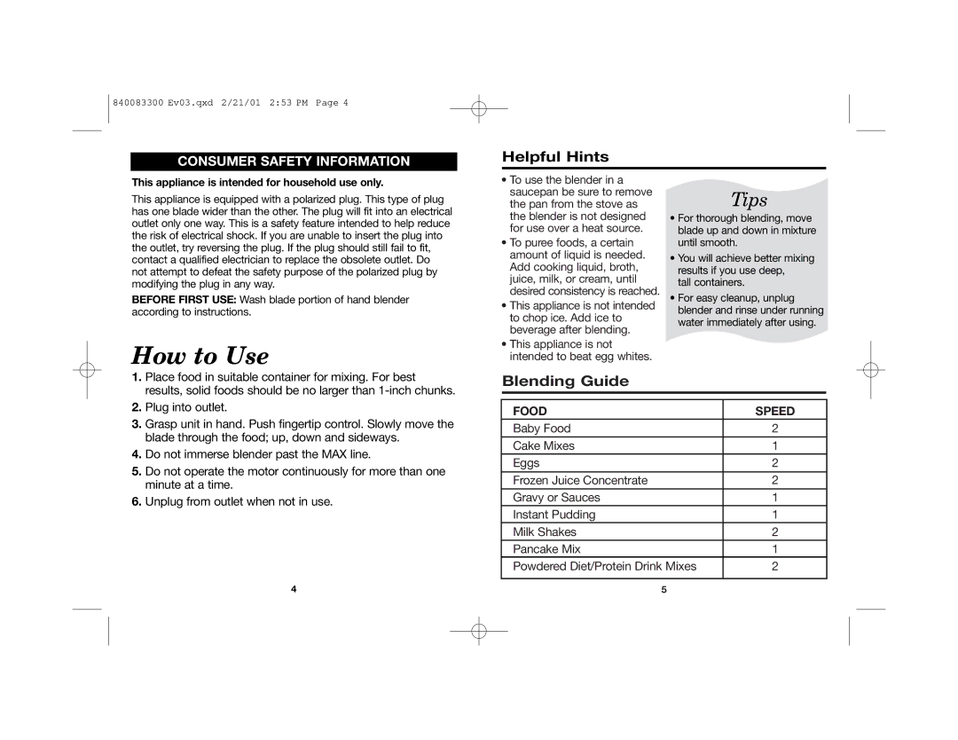 Hamilton Beach Hand Blenders manual How to Use, Tips, Helpful Hints, Blending Guide, Food Speed 