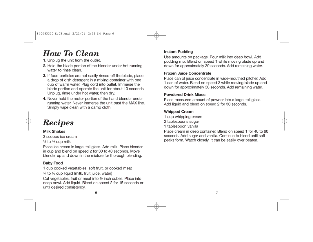 Hamilton Beach Hand Blenders manual How To Clean, Recipes 