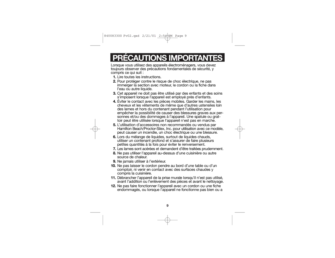 Hamilton Beach Hand Blenders manual Précautions Importantes 