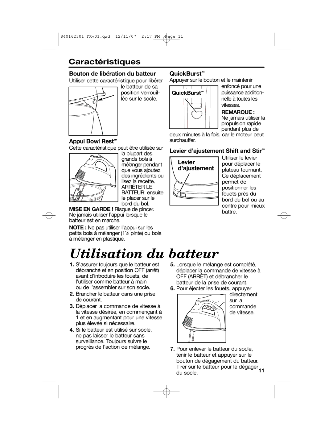 Hamilton Beach Hand/Stand Mixer manual Utilisation du batteur, Caractéristiques 