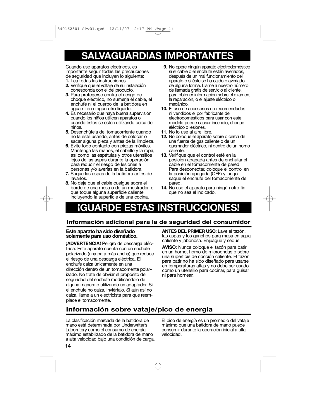 Hamilton Beach Hand/Stand Mixer manual Información sobre vataje/pico de energía 