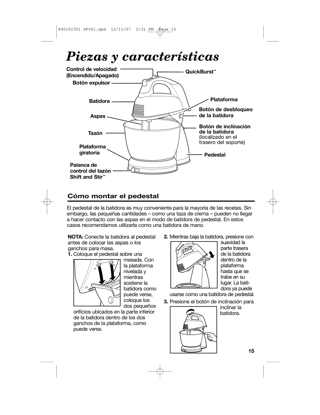 Hamilton Beach Hand/Stand Mixer manual Piezas y características, Cómo montar el pedestal 