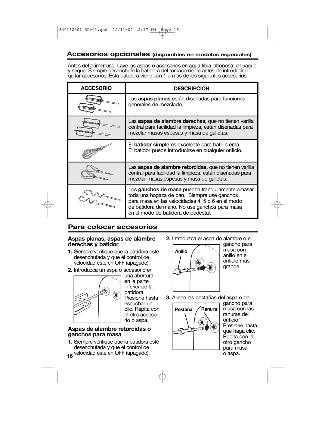 Hamilton Beach Hand/Stand Mixer manual Para colocar accesorios, Aspas planas, aspas de alambre derechas y batidor 