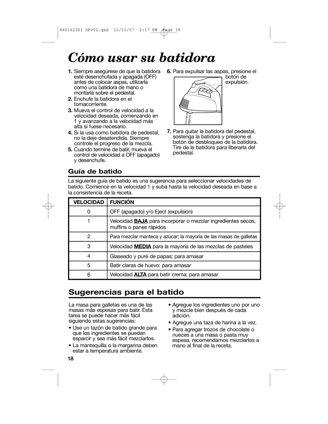 Hamilton Beach Hand/Stand Mixer manual Cómo usar su batidora, Sugerencias para el batido, Guía de batido, Velocidad Función 