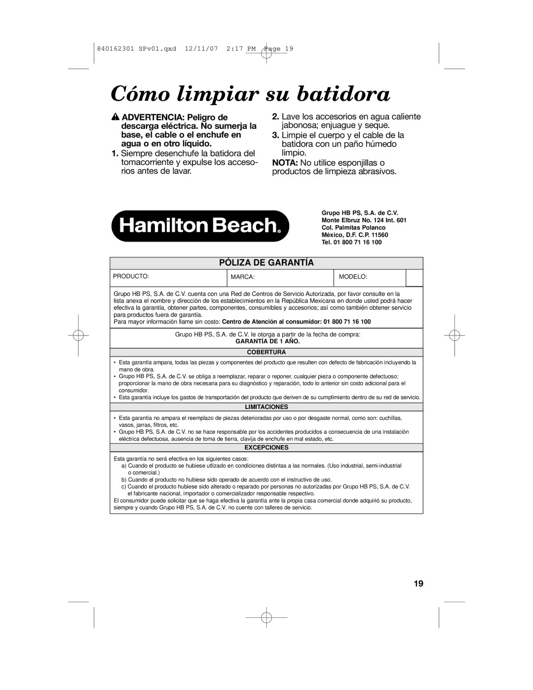 Hamilton Beach Hand/Stand Mixer manual Cómo limpiar su batidora, Póliza DE Garantía 